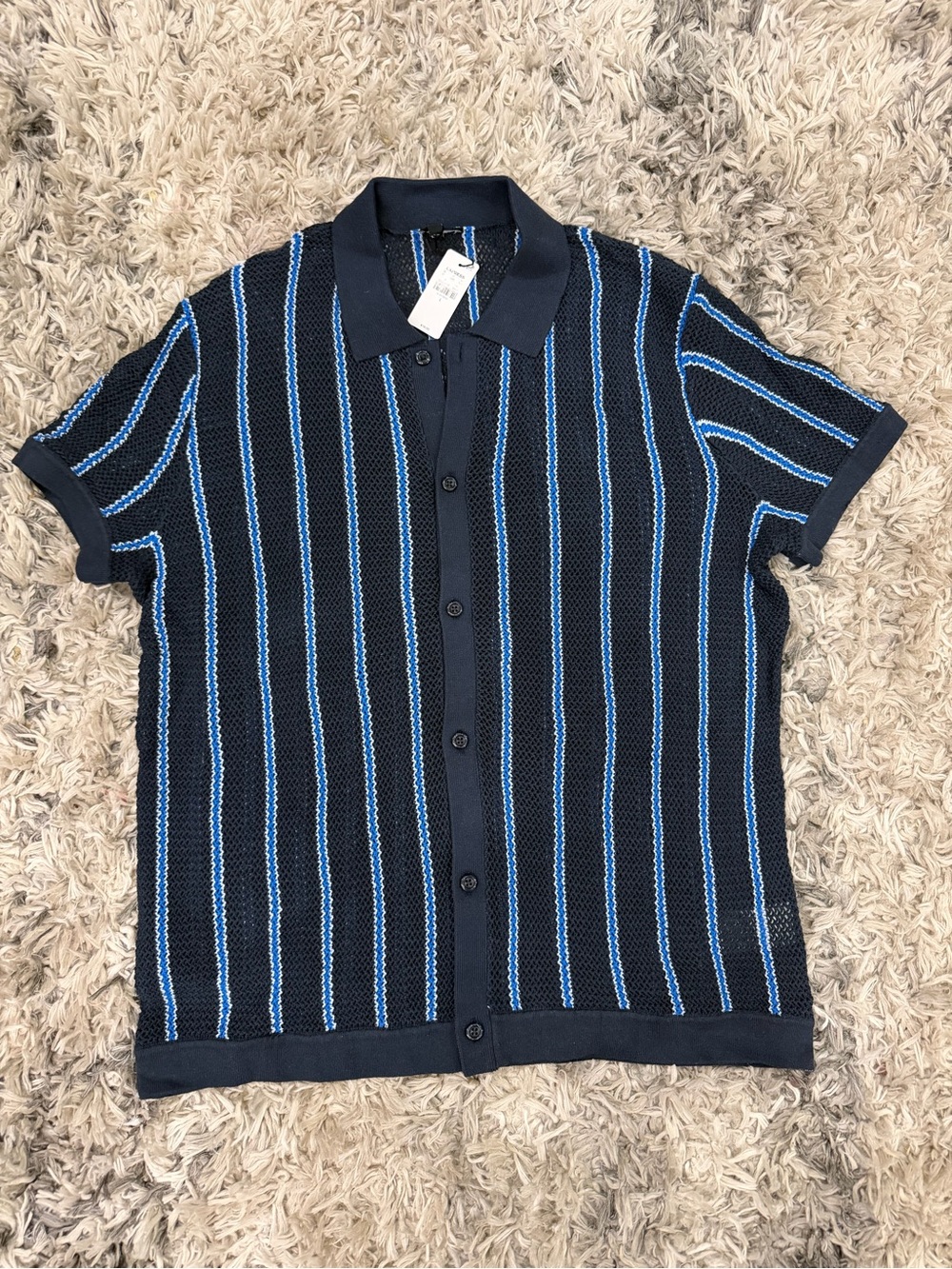 Express Navy Button-Front Short Sleeve Shirt with Light Blue Stripes NWT